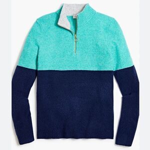 J. Crew Factory Teal Navy Colorblock Quarter Zip Soft Yarn Pullover Sweater